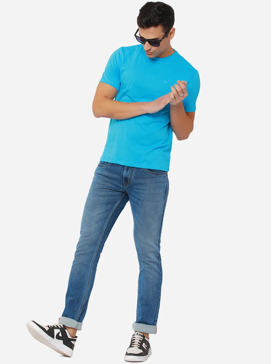 Aqua Blue Solid Slim Fit T-Shirt | JadeBlue