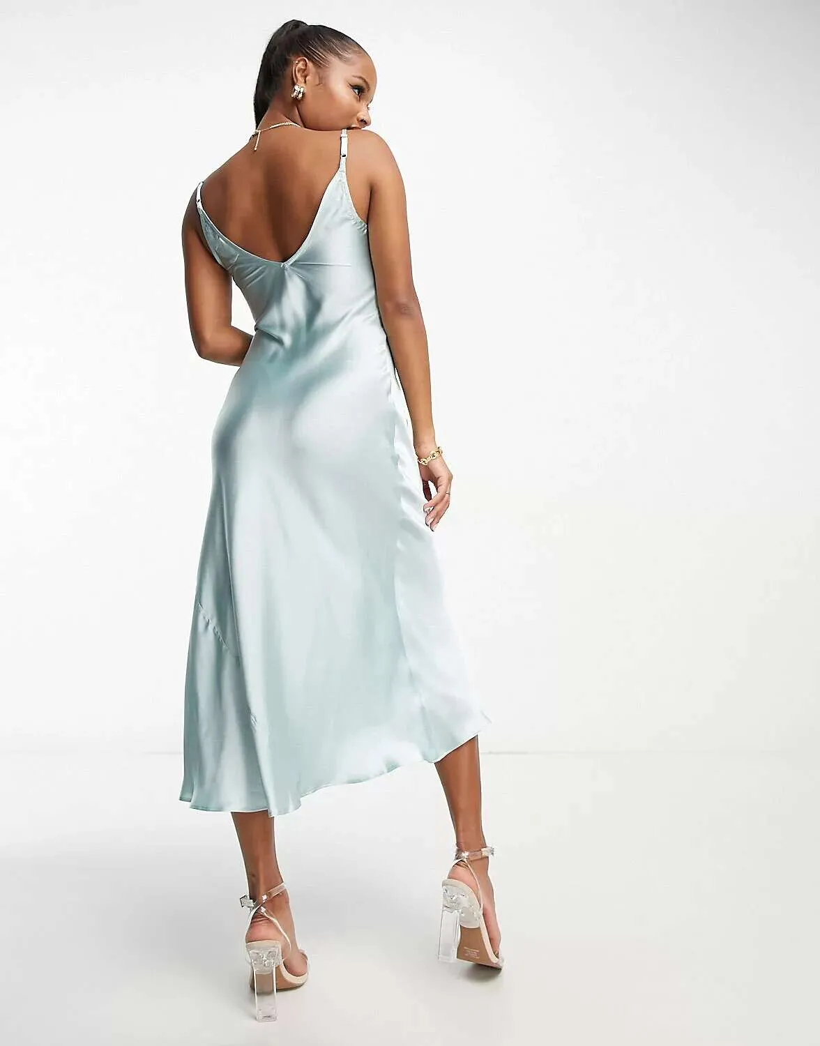 ASOS DESIGN Petite High Top Midi Slip Dress in Duck Egg Hammered Satin