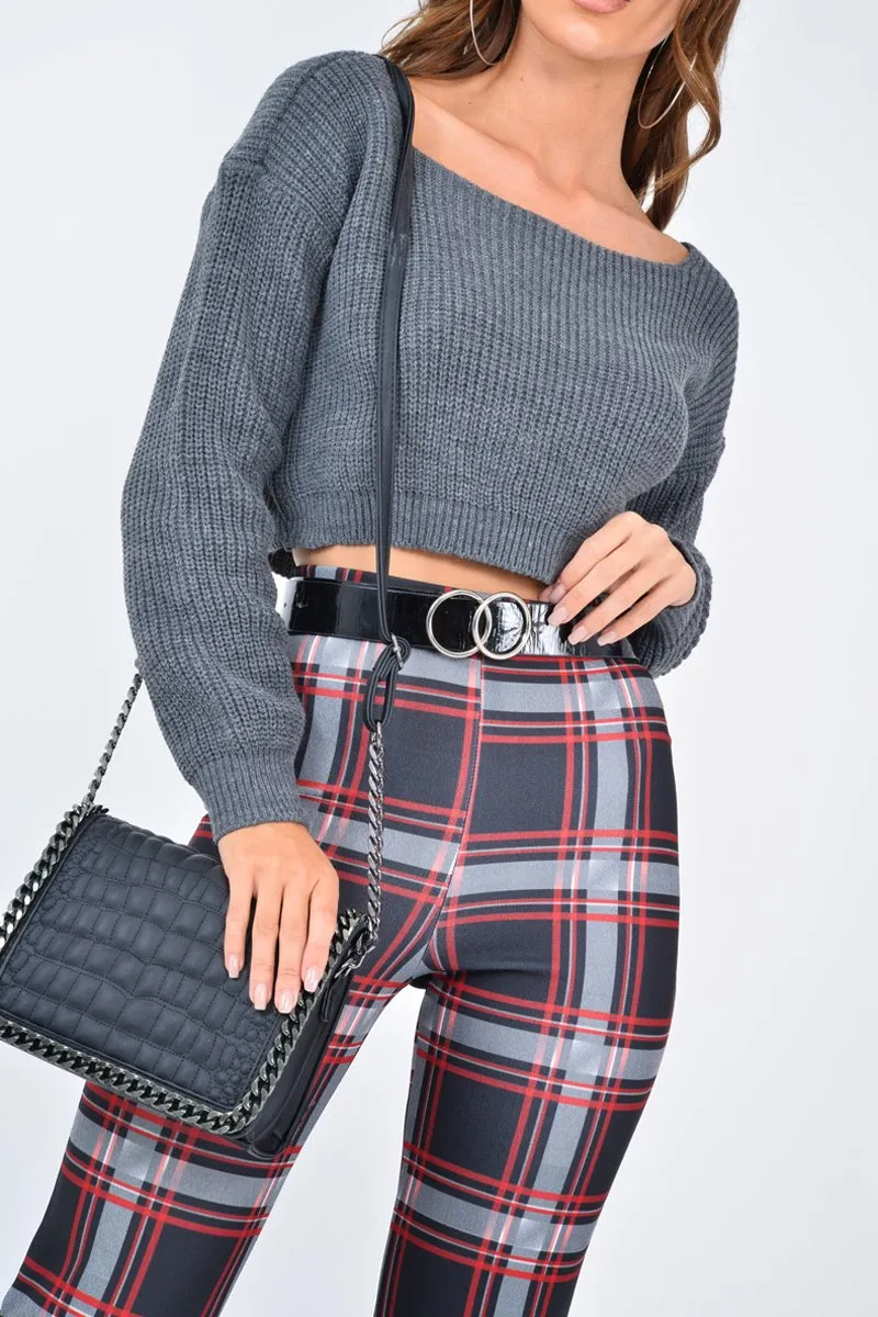 Black Check High Waist Flared Trousers - Cherie