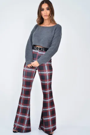 Black Check High Waist Flared Trousers - Cherie