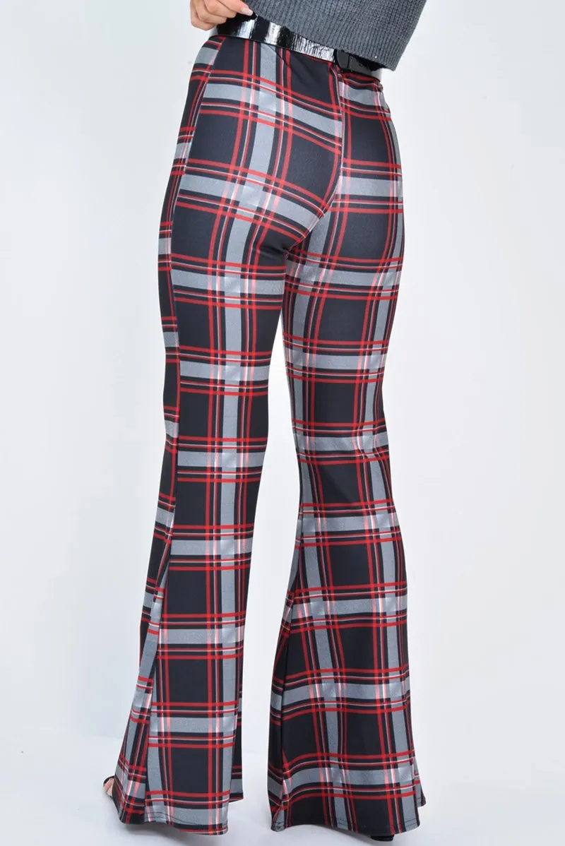 Black Check High Waist Flared Trousers - Cherie