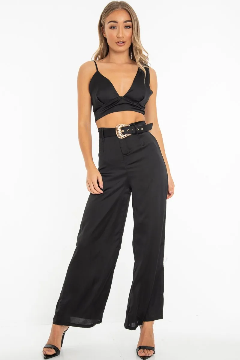 Black Satin Plunge Bralet Belted Trousers Co-Ord - Paola