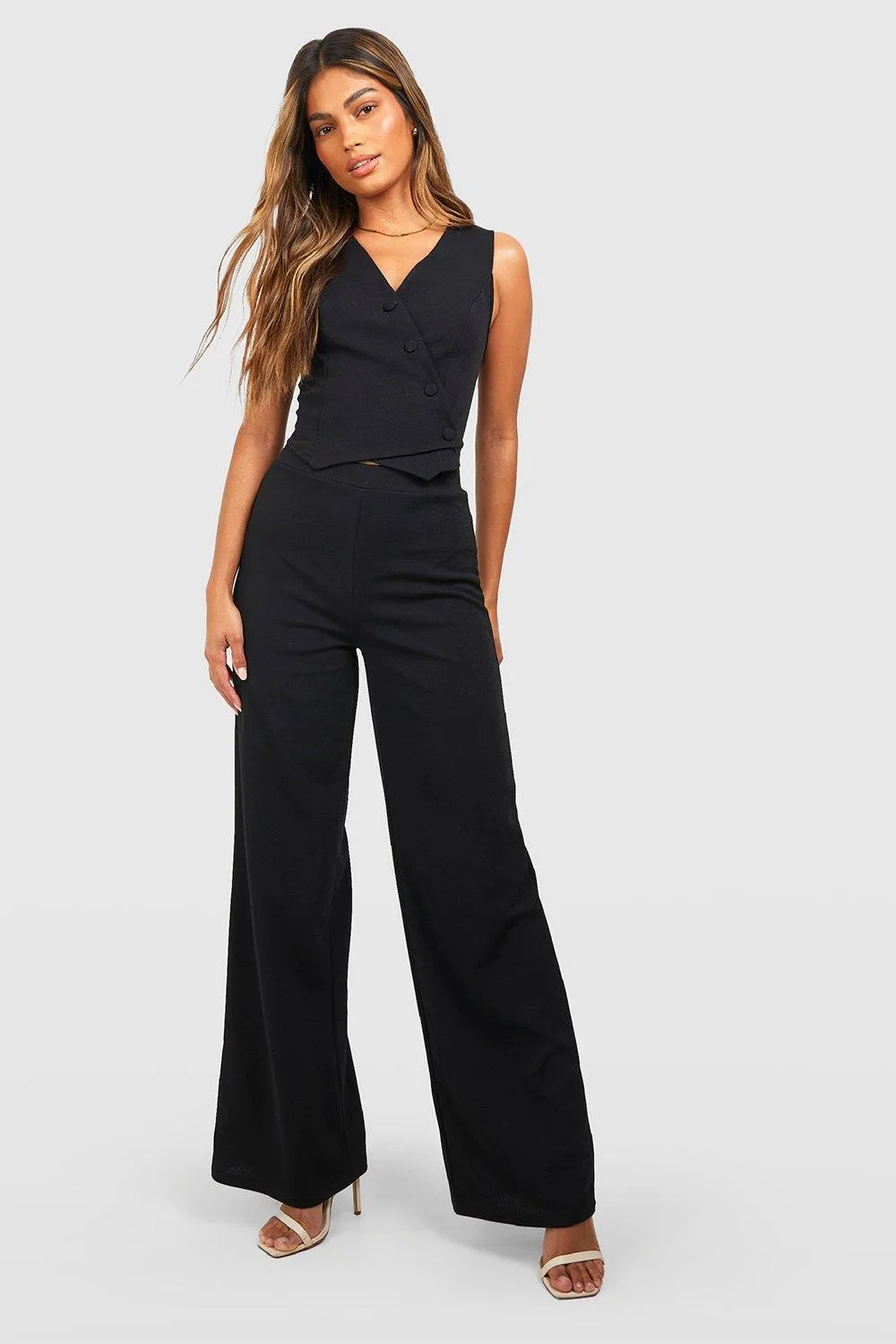 Boohoo Asymmetrical Vest and Wide Leg Pants in Knit Crepe, Black