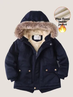 Boys Hooded Small Slit Plush Cotton Jacket