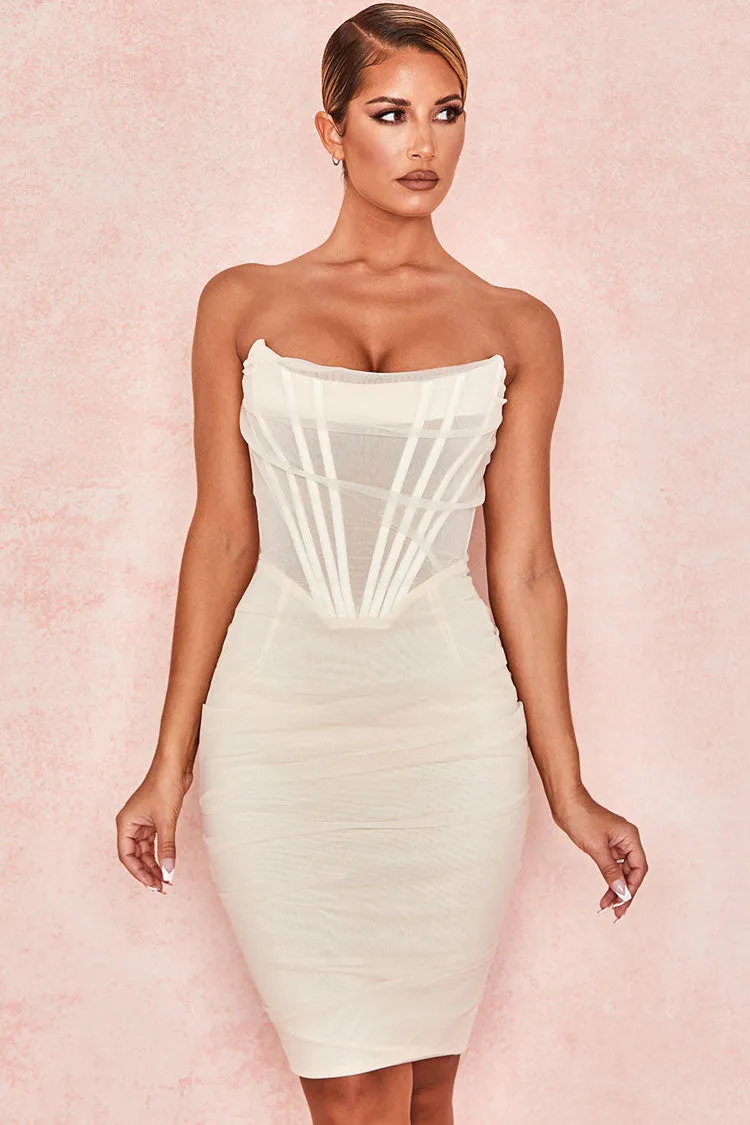 Chic Ruched Strapless Mini Corset Cocktail Party Dress - White