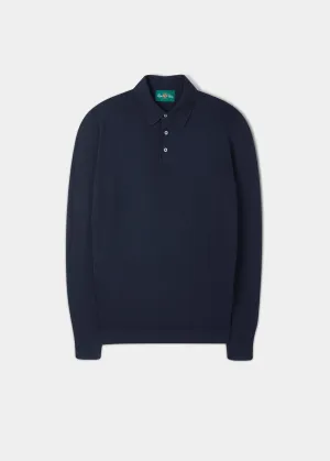 Emsworth Cotton Long Sleeve Polo Shirt in Dark Navy