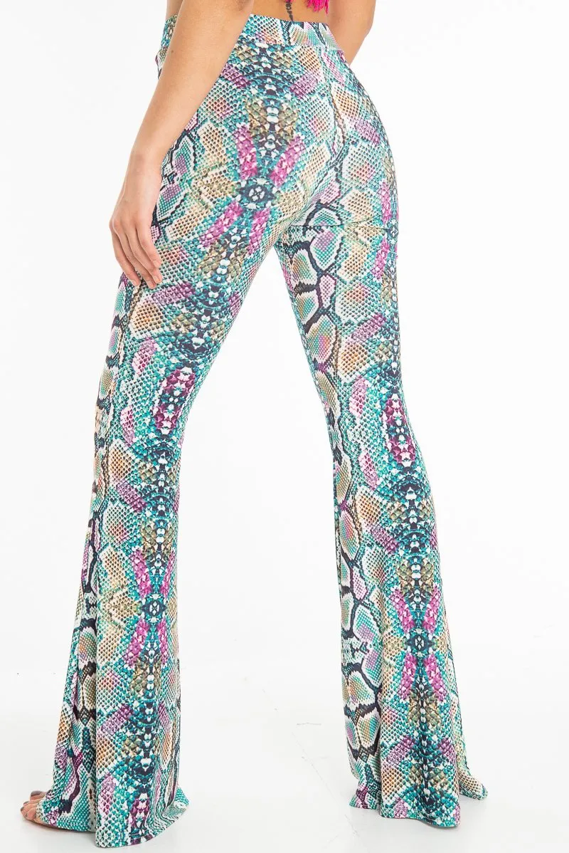 Green Purple Yellow Snake Print Flared Trousers - Mianna