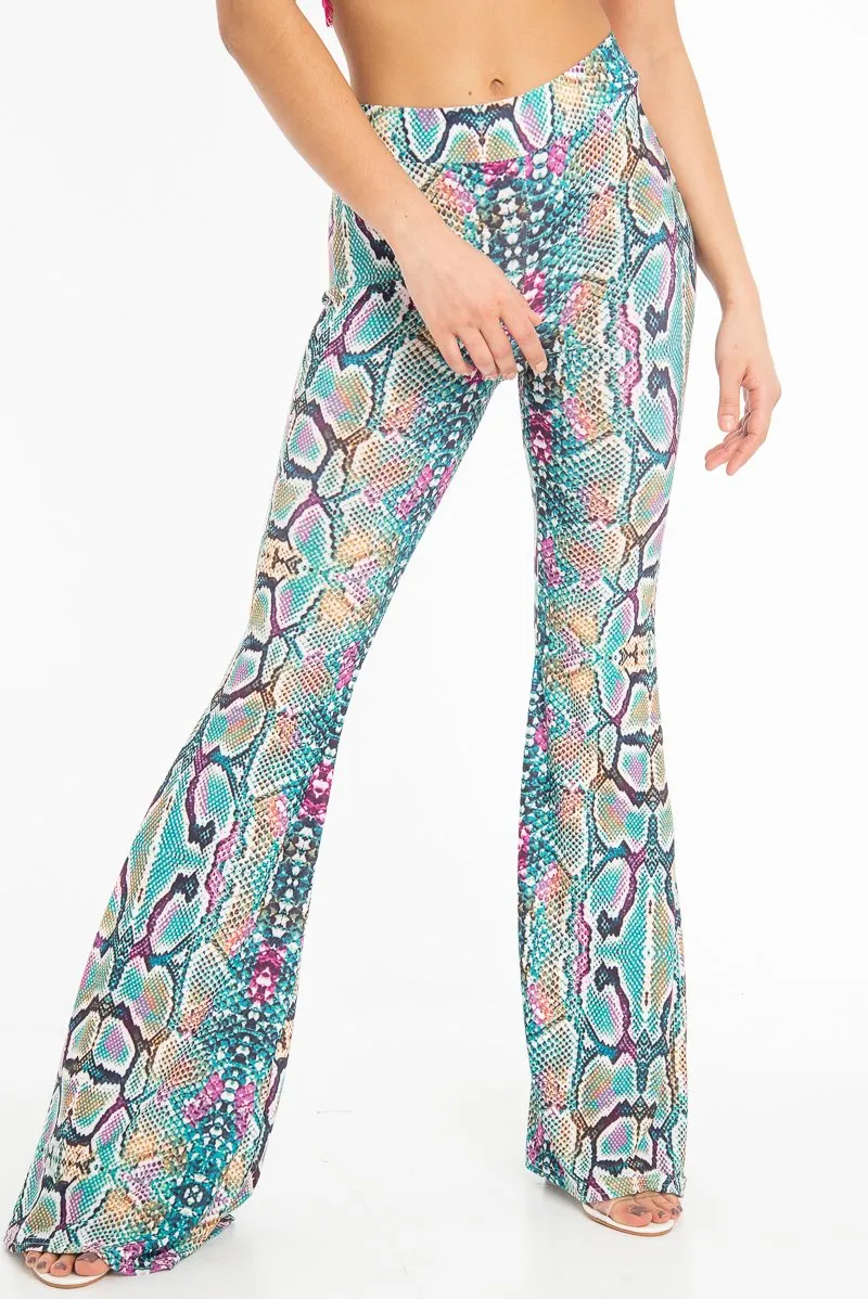 Green Purple Yellow Snake Print Flared Trousers - Mianna