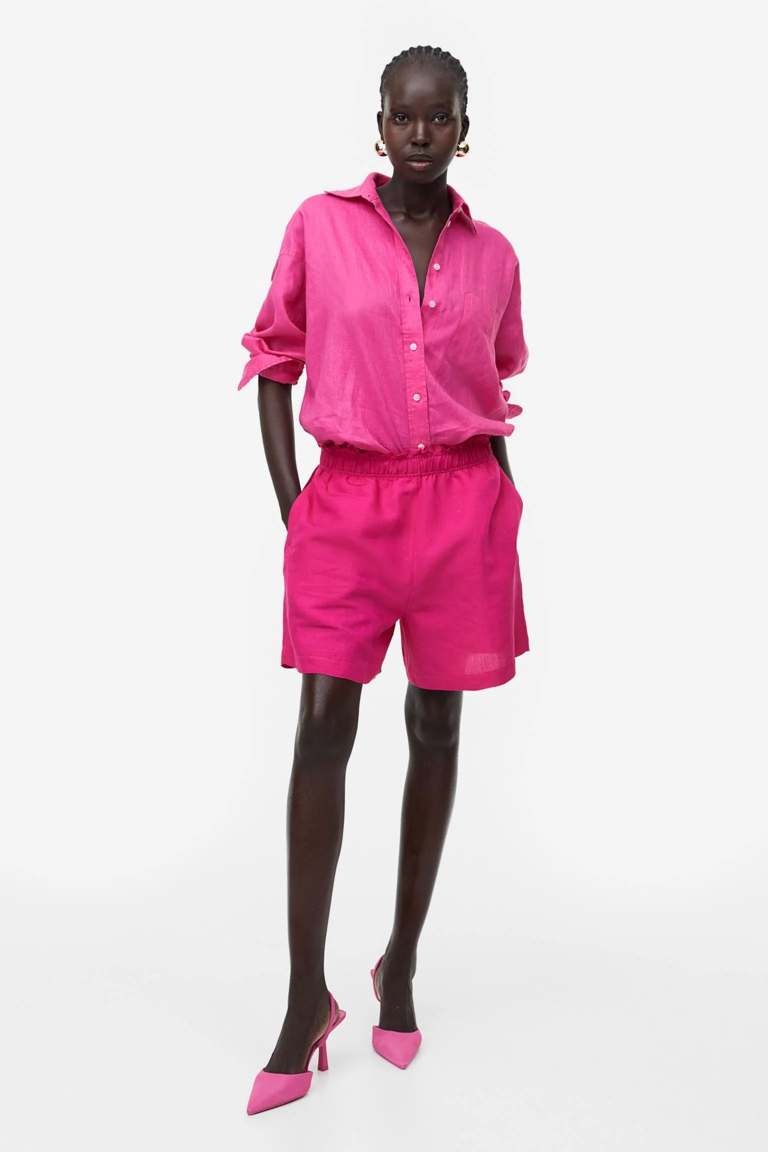 H&M Linen-blend Pull-on shorts, fuchsia