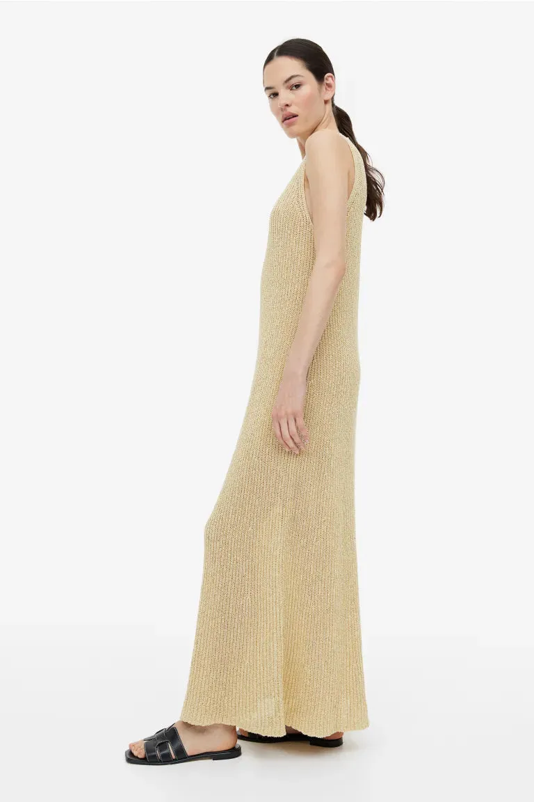 H&M Silk Blend Ribbed Knit Dress, Light Yellow