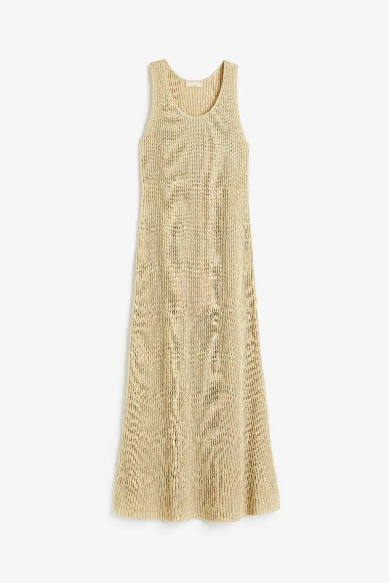 H&M Silk Blend Ribbed Knit Dress, Light Yellow