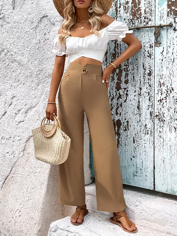 High Waisted Loose Buttoned Pleated Pockets Solid Color Pants Trousers