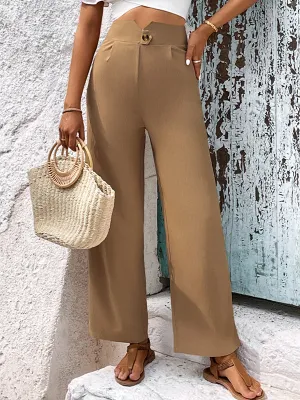 High Waisted Loose Buttoned Pleated Pockets Solid Color Pants Trousers