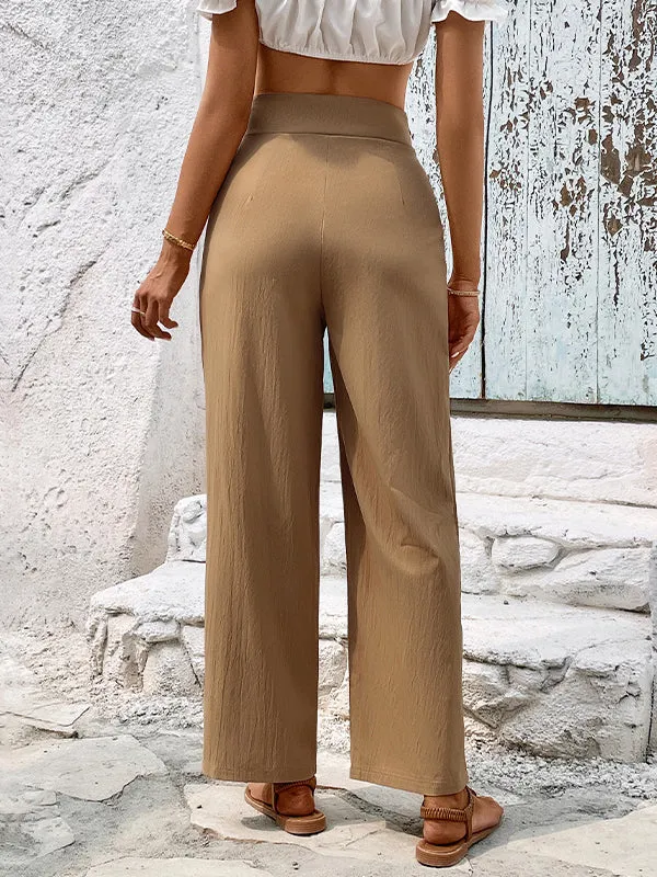 High Waisted Loose Buttoned Pleated Pockets Solid Color Pants Trousers