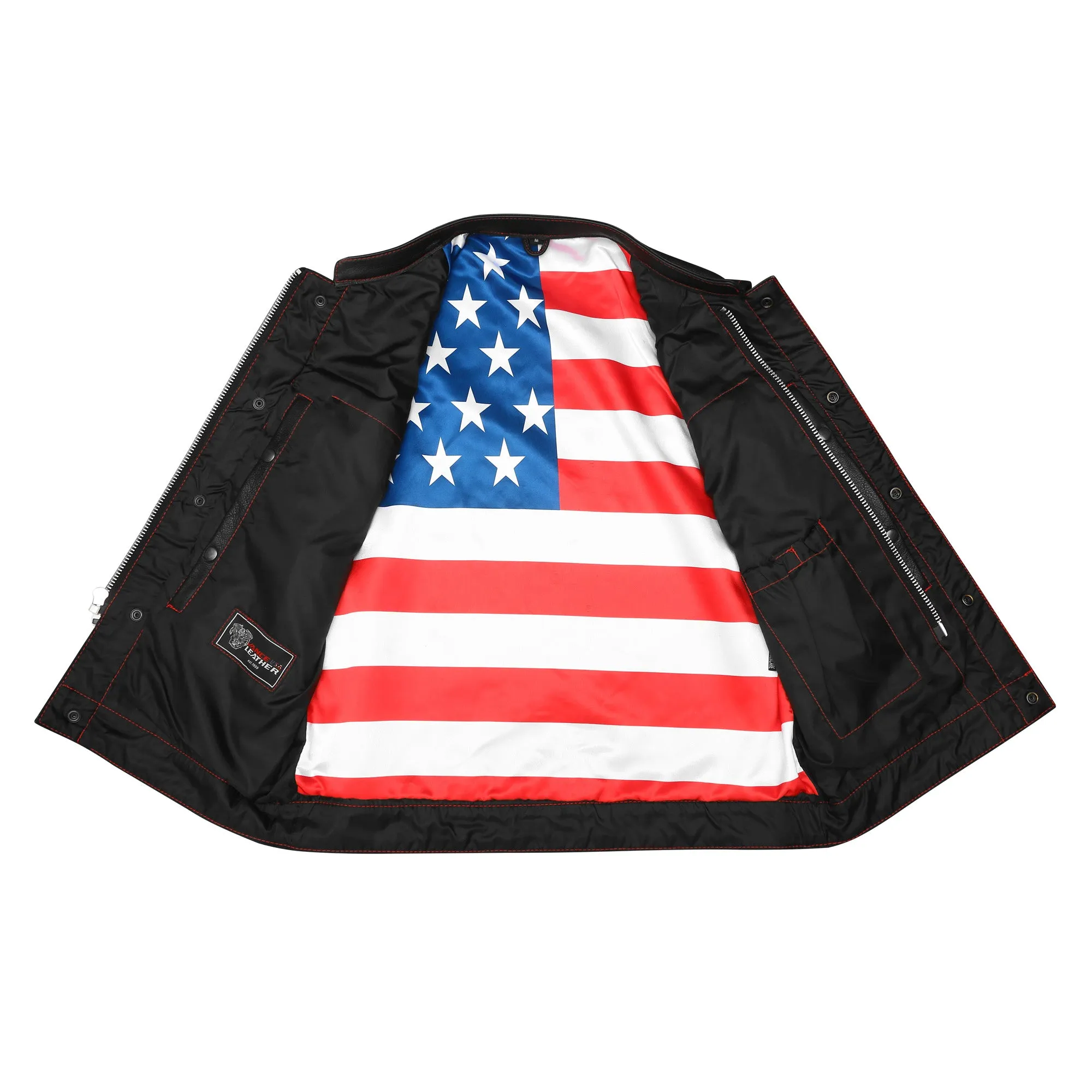 HMM924R High Mileage Men's Zipper and Snap Closure Leather Club Vest with American Flag Liner and Red Stitching