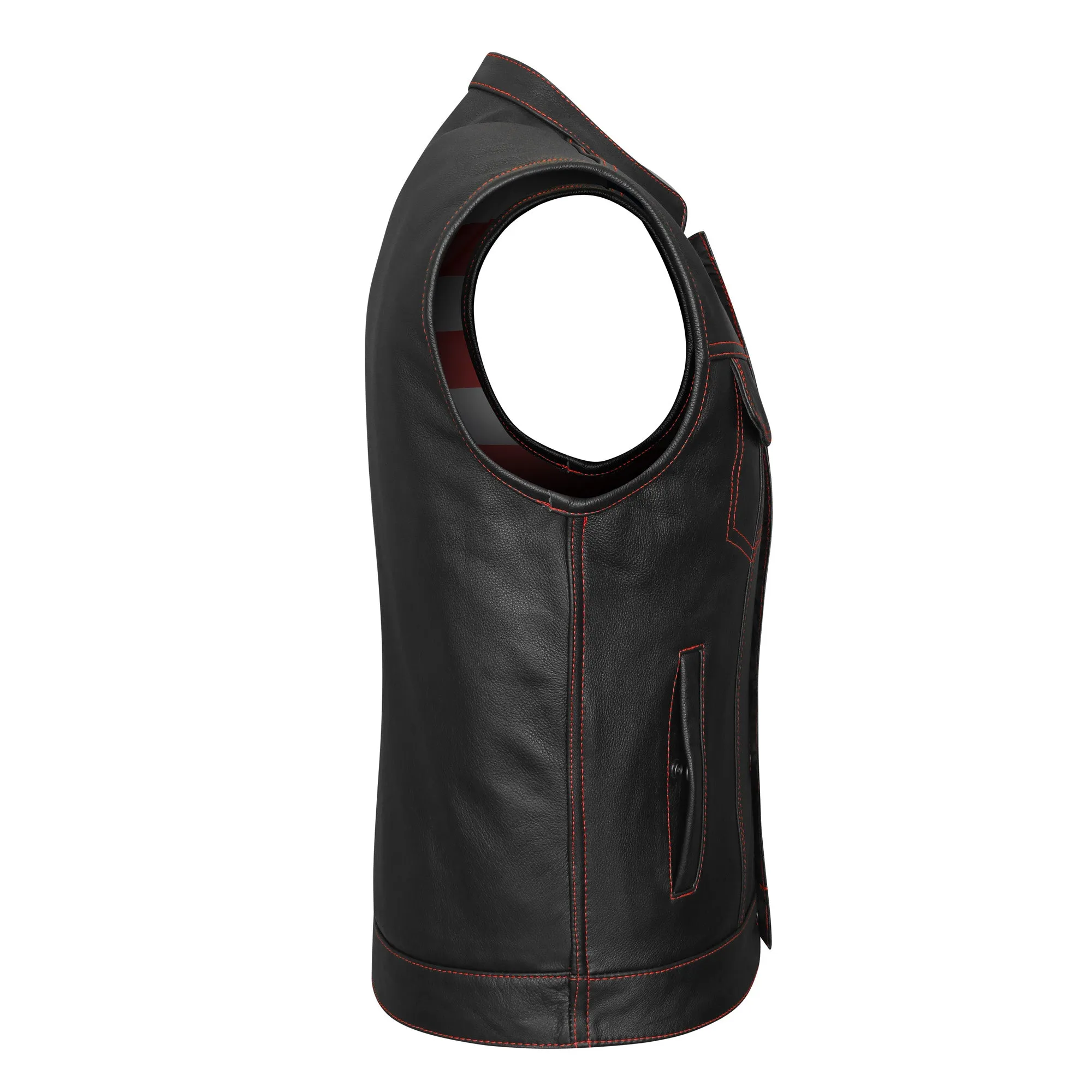 HMM924R High Mileage Men's Zipper and Snap Closure Leather Club Vest with American Flag Liner and Red Stitching