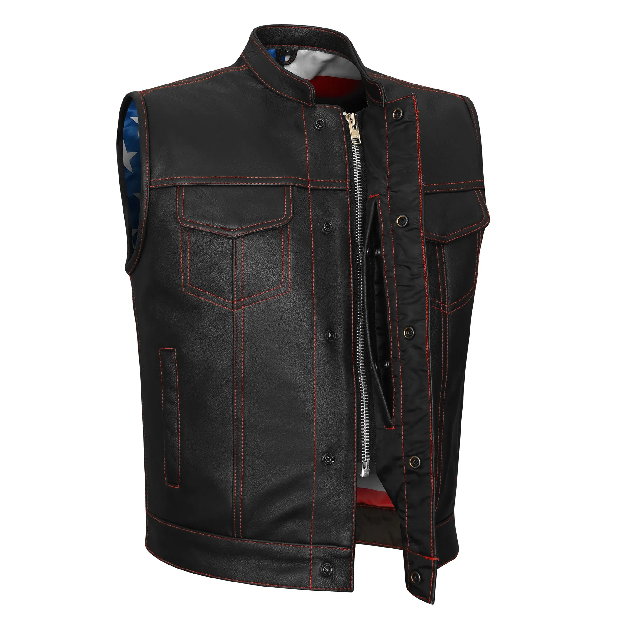 HMM924R High Mileage Men's Zipper and Snap Closure Leather Club Vest with American Flag Liner and Red Stitching