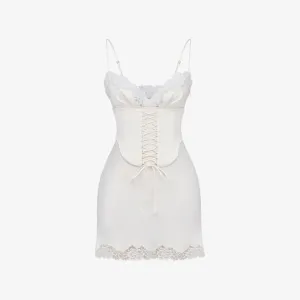 House Of Cb satin mini dress with lace trim, ivory