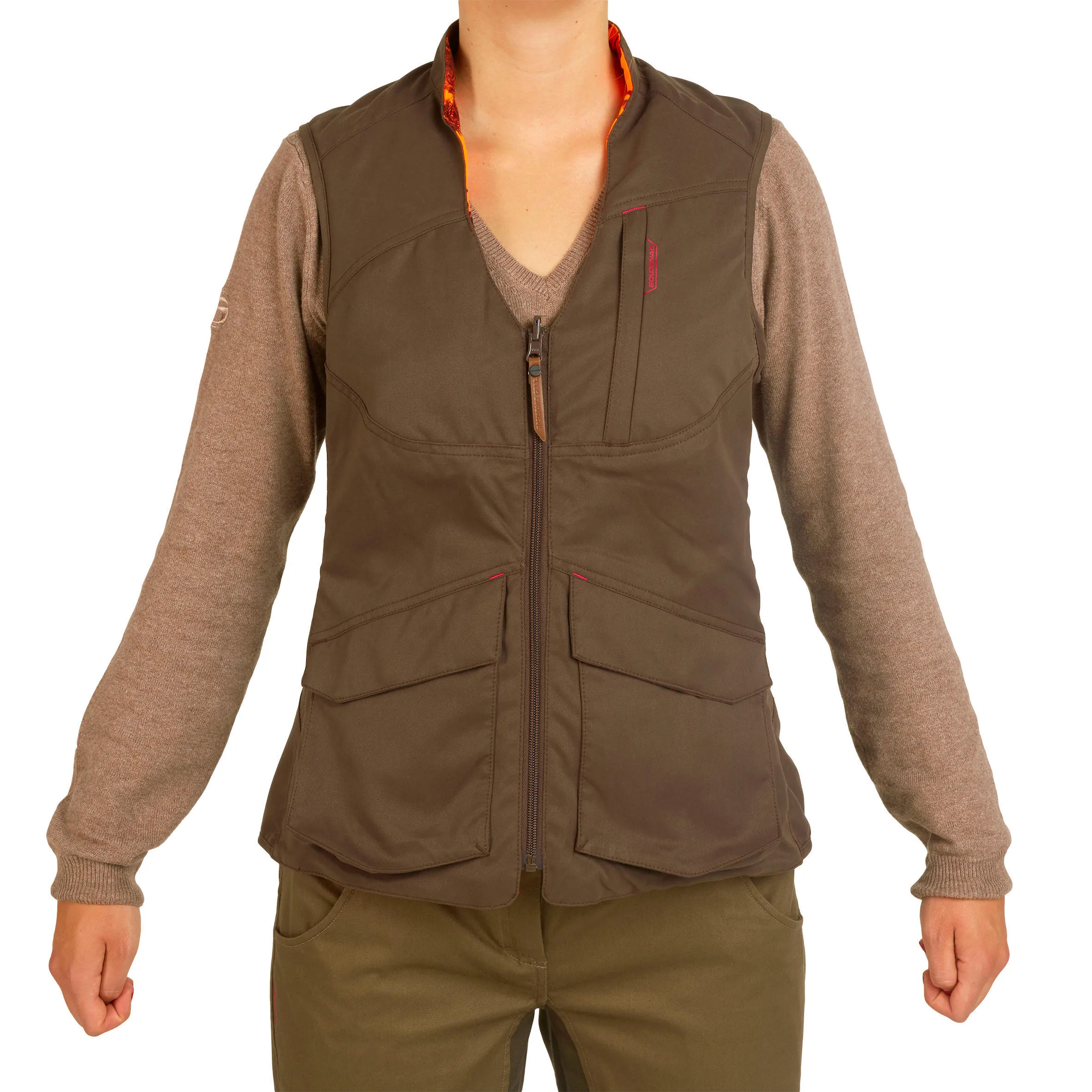 Hunting vest women's 500 double-sided brown, camouflage/orange SOLOGNAC coffee brown