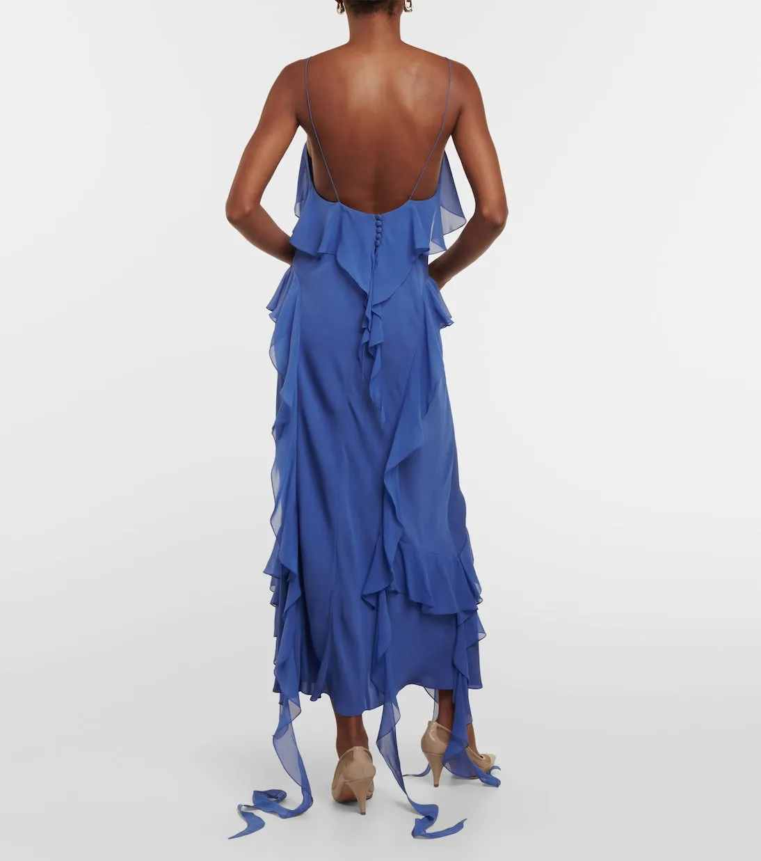 Khaite Silk Georgette Ruffle Slip Dress, Blue