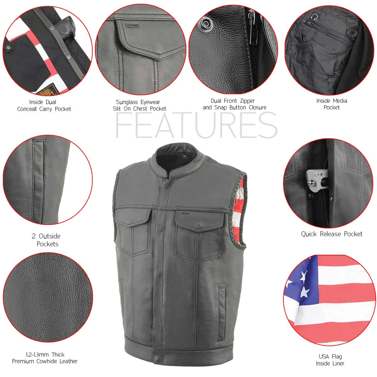 Milwaukee Leather MLM3508 Men's Black Premium Leather Vest - Old Glory