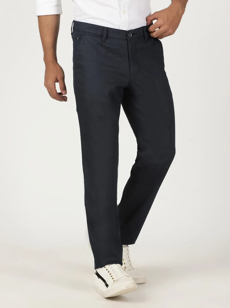 Navy Blue Printed Neo Fit Casual Trouser | Greenfibre