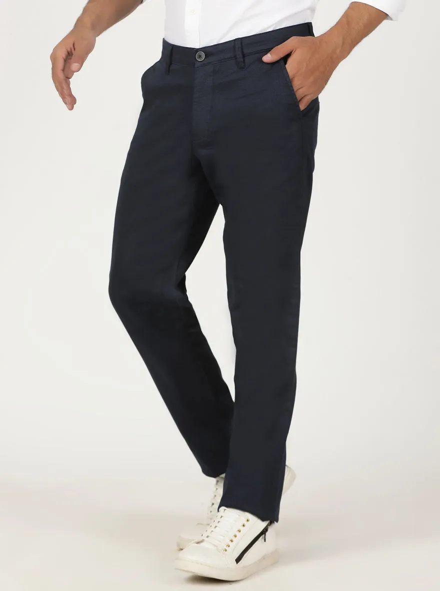 Navy Blue Printed Neo Fit Casual Trouser | Greenfibre