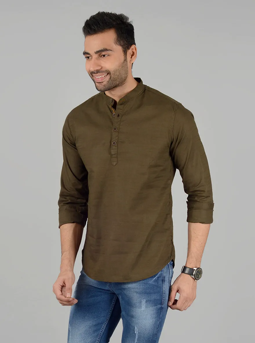 Olive Solid Slim Fit Short Kurta | Greenfibre