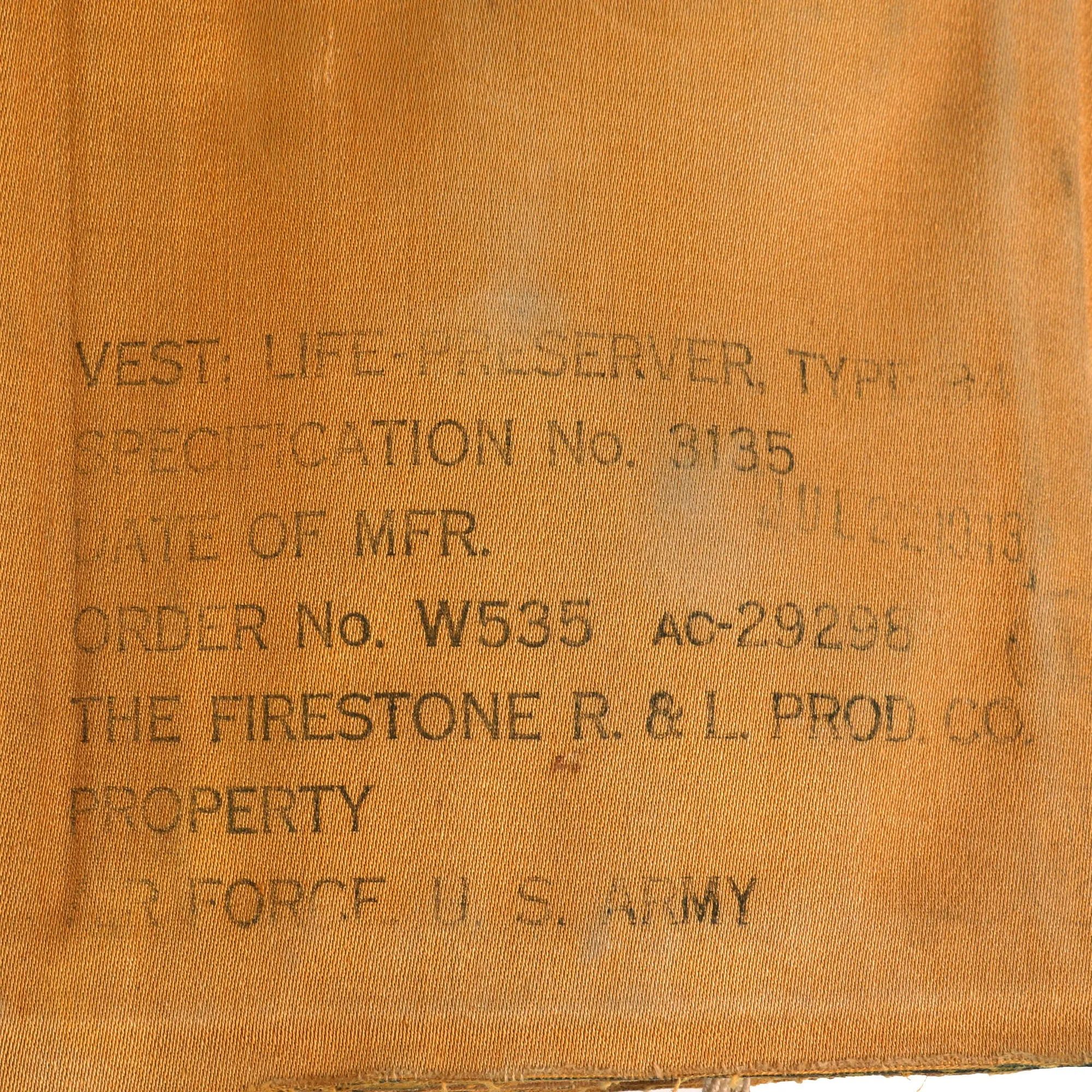 Original U.S. WWII Mae West USAAF Pneumatic Life Vest by Firestone - Dated July 1943 with Inspections Through 1945