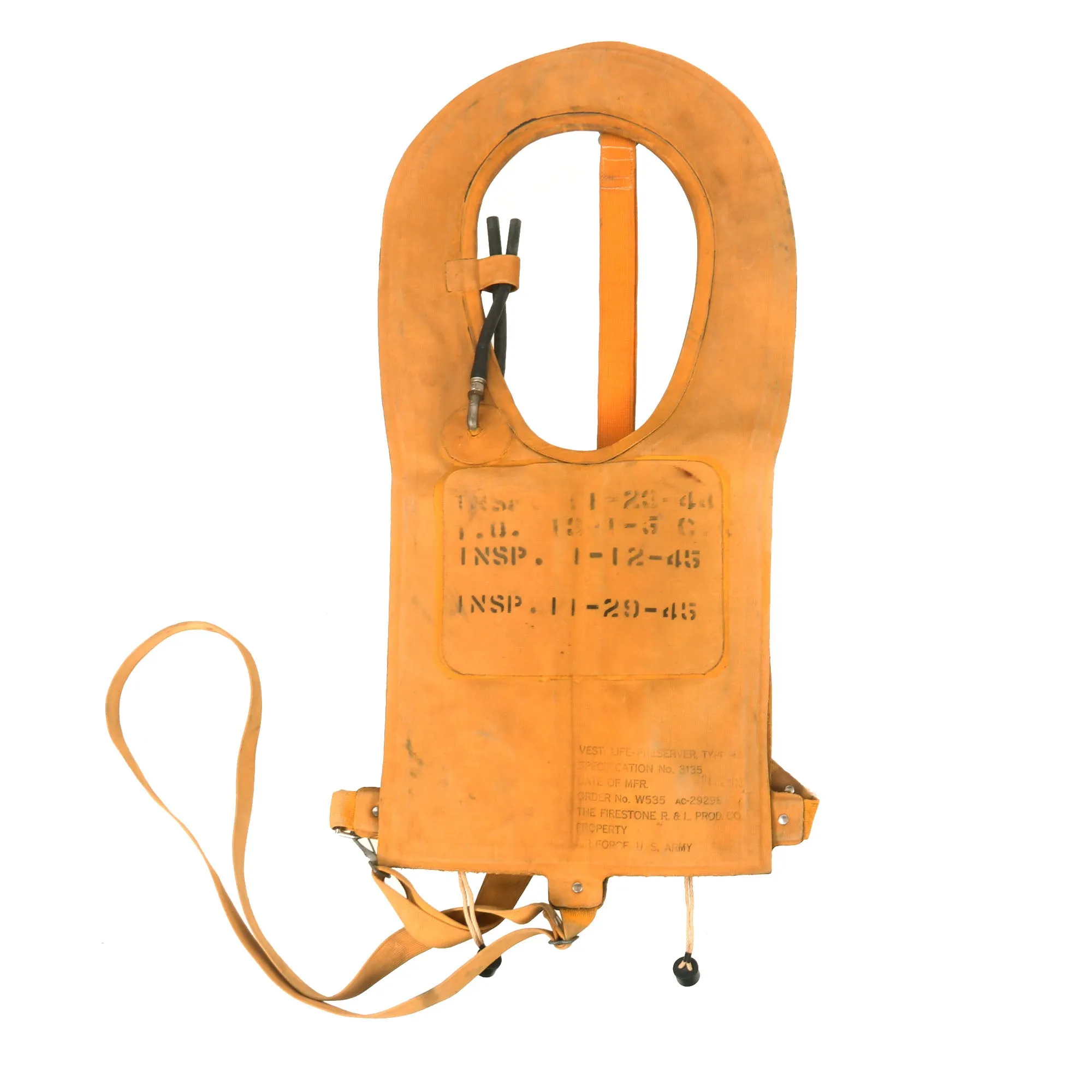 Original U.S. WWII Mae West USAAF Pneumatic Life Vest by Firestone - Dated July 1943 with Inspections Through 1945