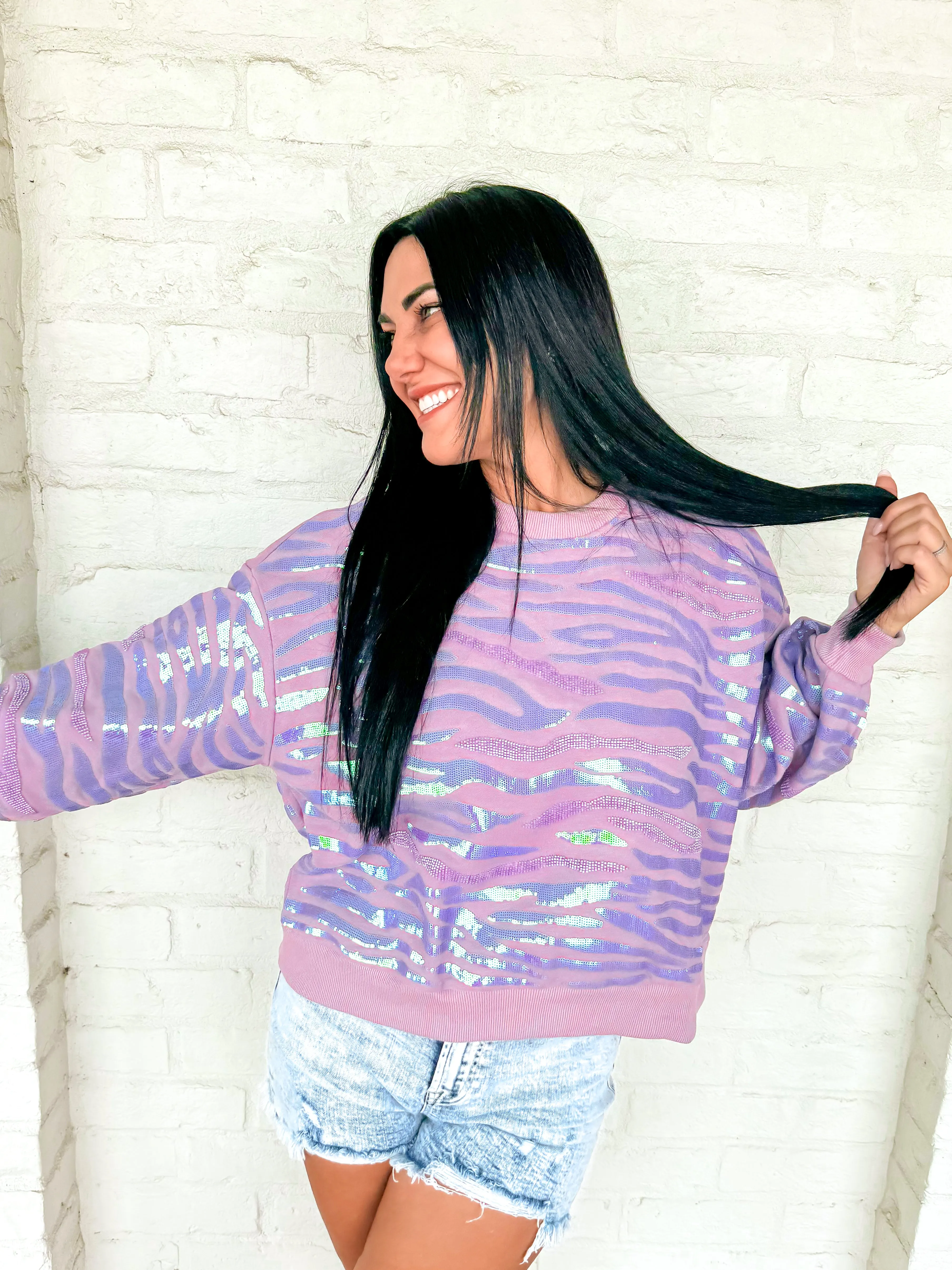 Queen Of Sparkles Lavender Seed Bead & Sequin Tiger Sweatshirt