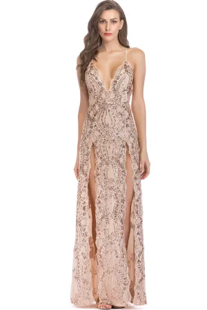 Scalloped Deep V High Split Sequin Lace Evening Maxi Dress -Apricot