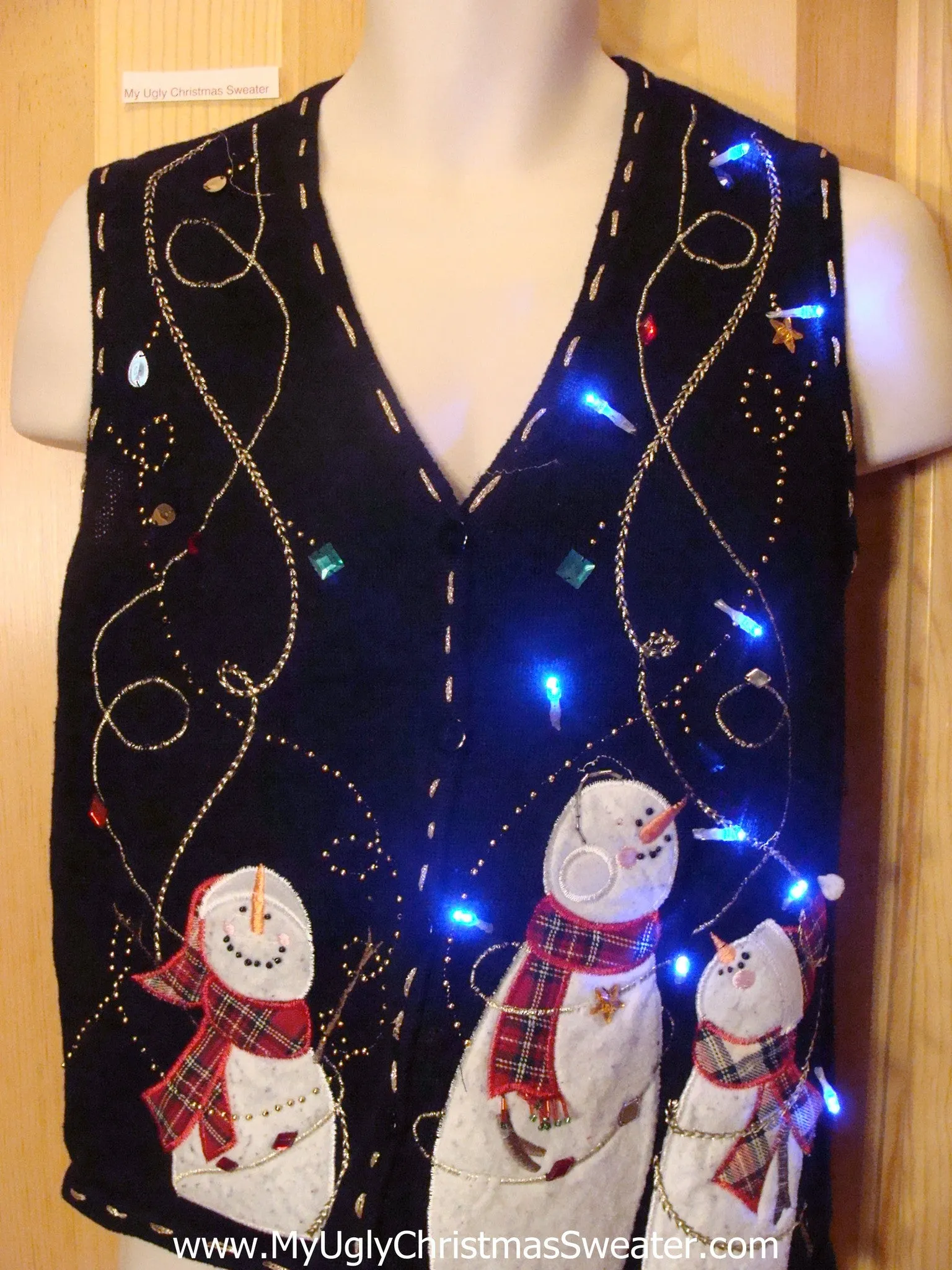 Tacky Light Up Christmas Sweater Vest Happy Snowmen