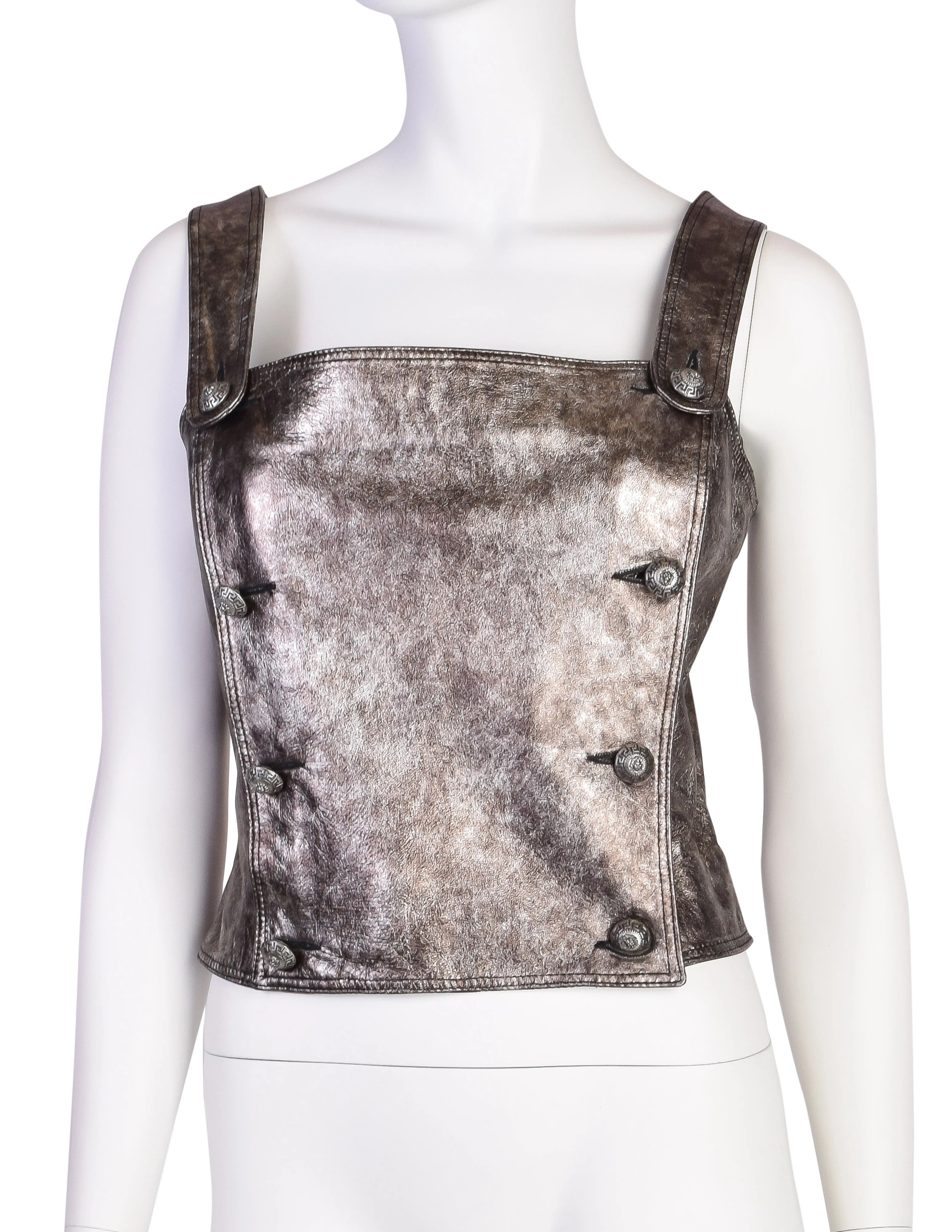 VERSUS Gianni Versace Vintage Metallic Pewter Leather Double Breasted Bustier Top