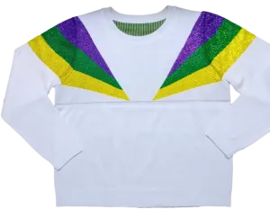 White Mardi Gras Shoulder Stripes Sweater