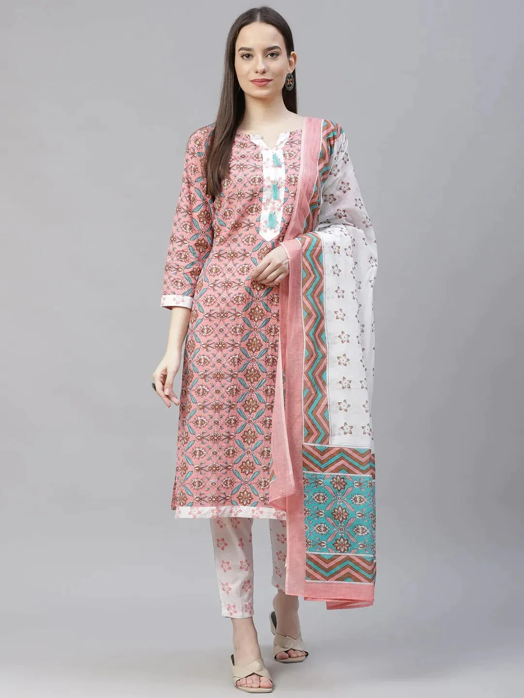 Women Pink & White Ethnic Motifs Printed Pure Cotton Kurta With Trousers & Dupatta