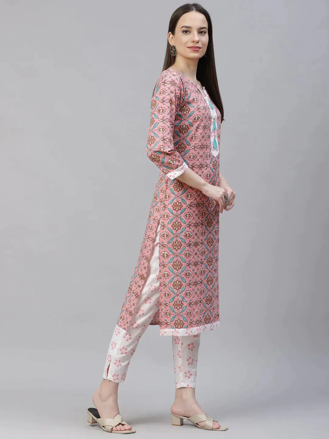 Women Pink & White Ethnic Motifs Printed Pure Cotton Kurta With Trousers & Dupatta