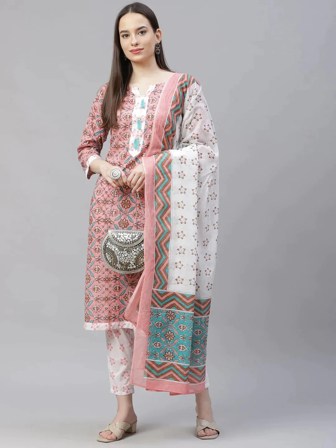 Women Pink & White Ethnic Motifs Printed Pure Cotton Kurta With Trousers & Dupatta