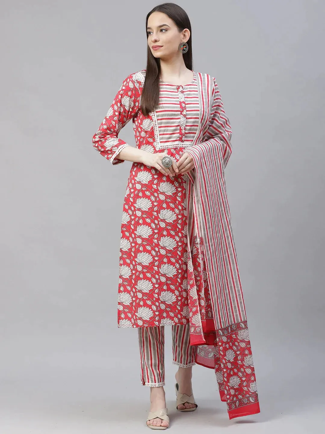 Women Red & Off-White Ethnic Motifs Printed Kurta With Trousers & Dupatta