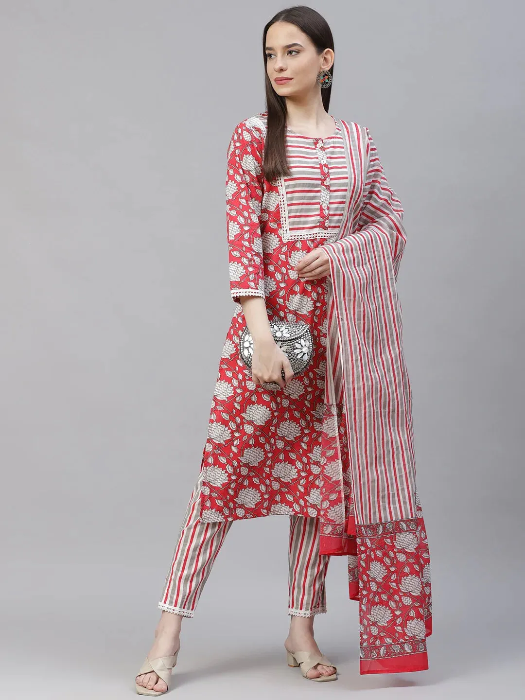 Women Red & Off-White Ethnic Motifs Printed Kurta With Trousers & Dupatta