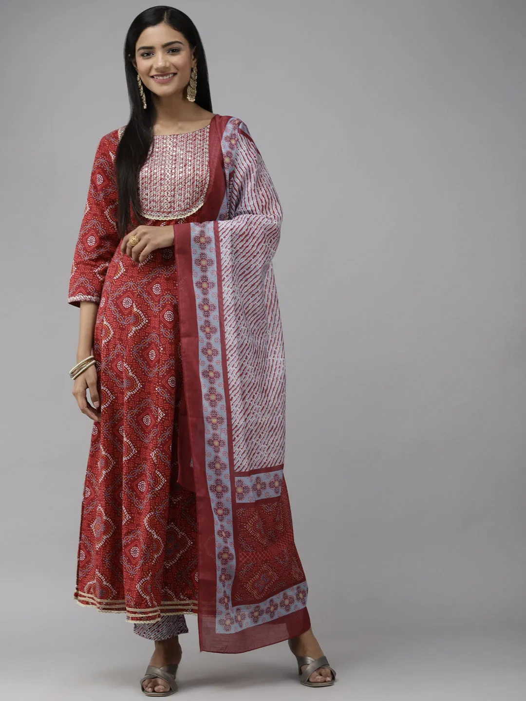 Women Red Printed Aari Work Pure Cotton Kurta With Trousers & Dupatta Set