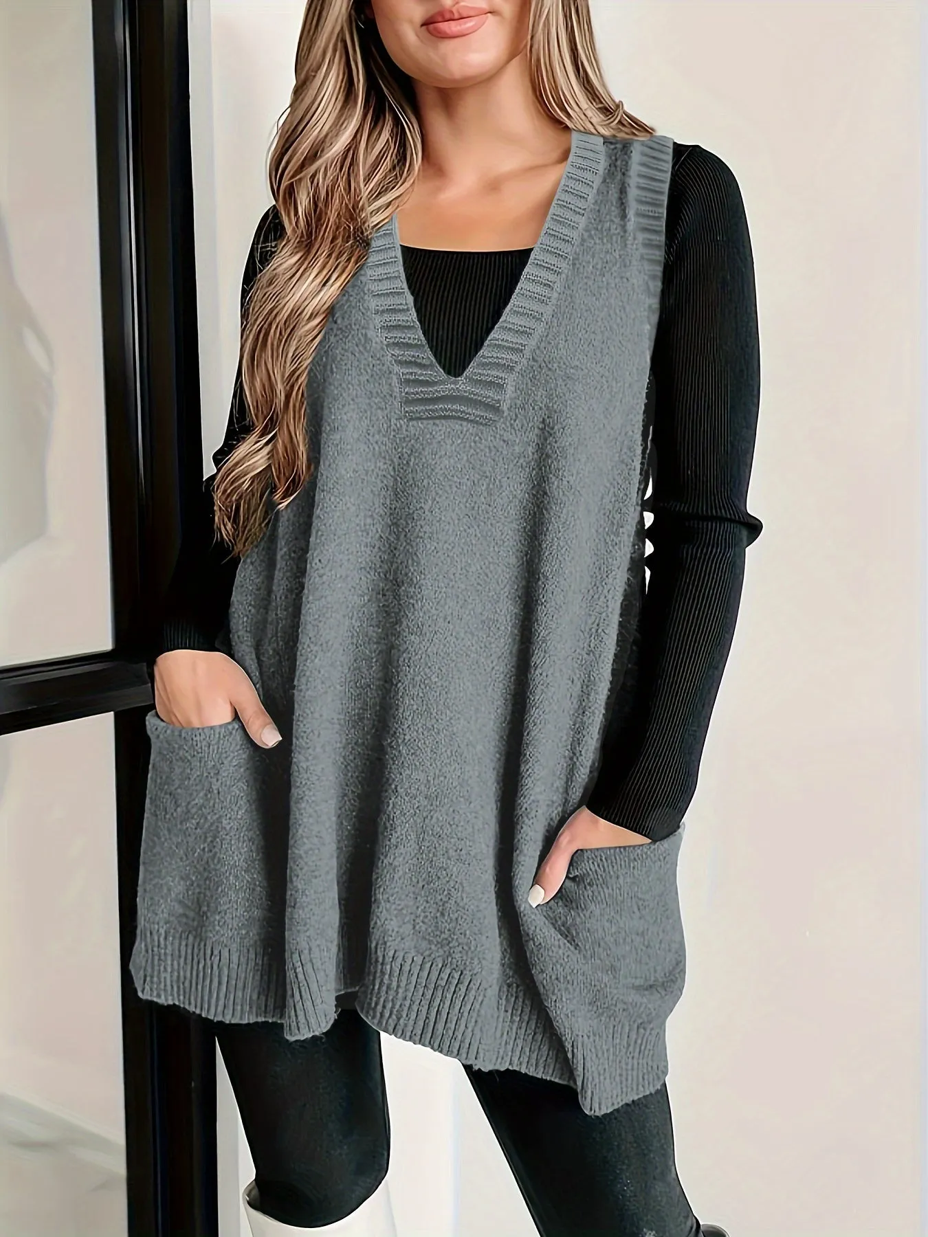 Women's Plus Size Solid Knit V-Neck Sleeveless Sweater Vest - Perfect for Fall & Winter Layering