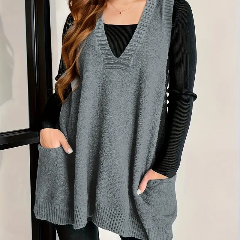 Women's Plus Size Solid Knit V-Neck Sleeveless Sweater Vest - Perfect for Fall & Winter Layering