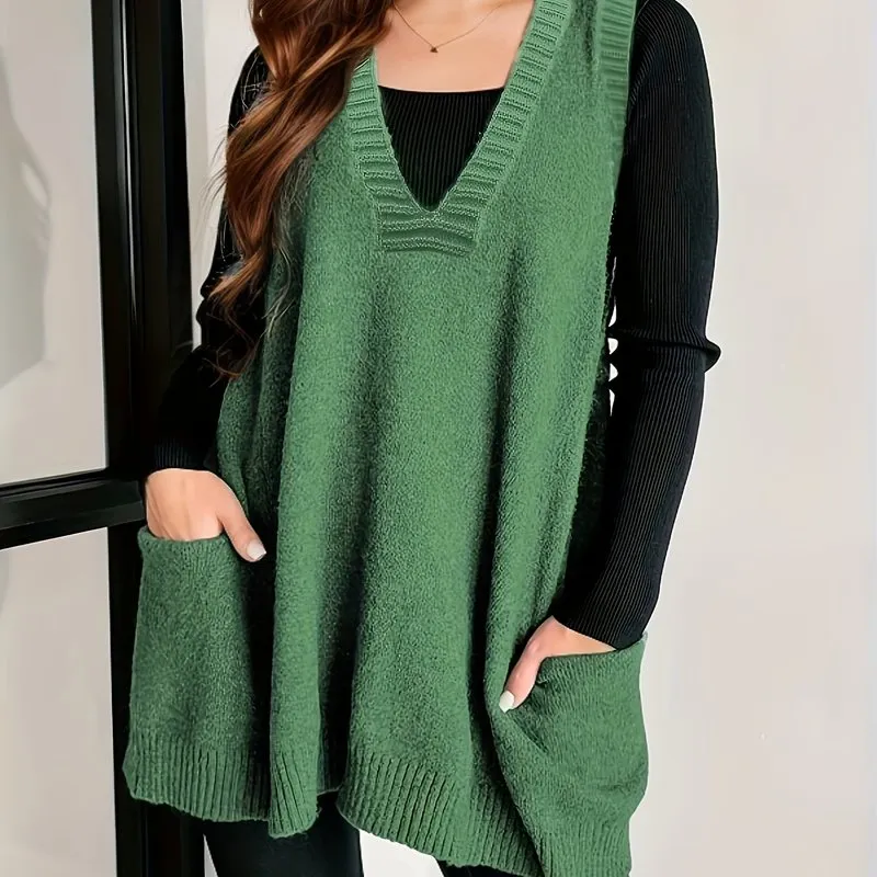 Women's Plus Size Solid Knit V-Neck Sleeveless Sweater Vest - Perfect for Fall & Winter Layering