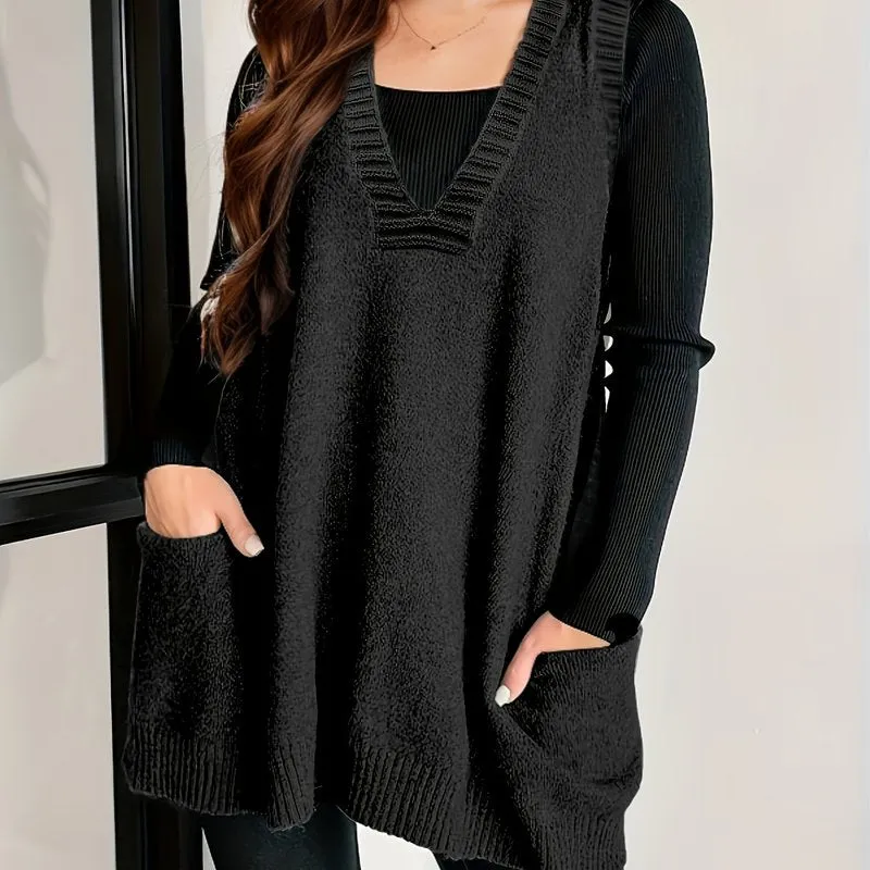 Women's Plus Size Solid Knit V-Neck Sleeveless Sweater Vest - Perfect for Fall & Winter Layering