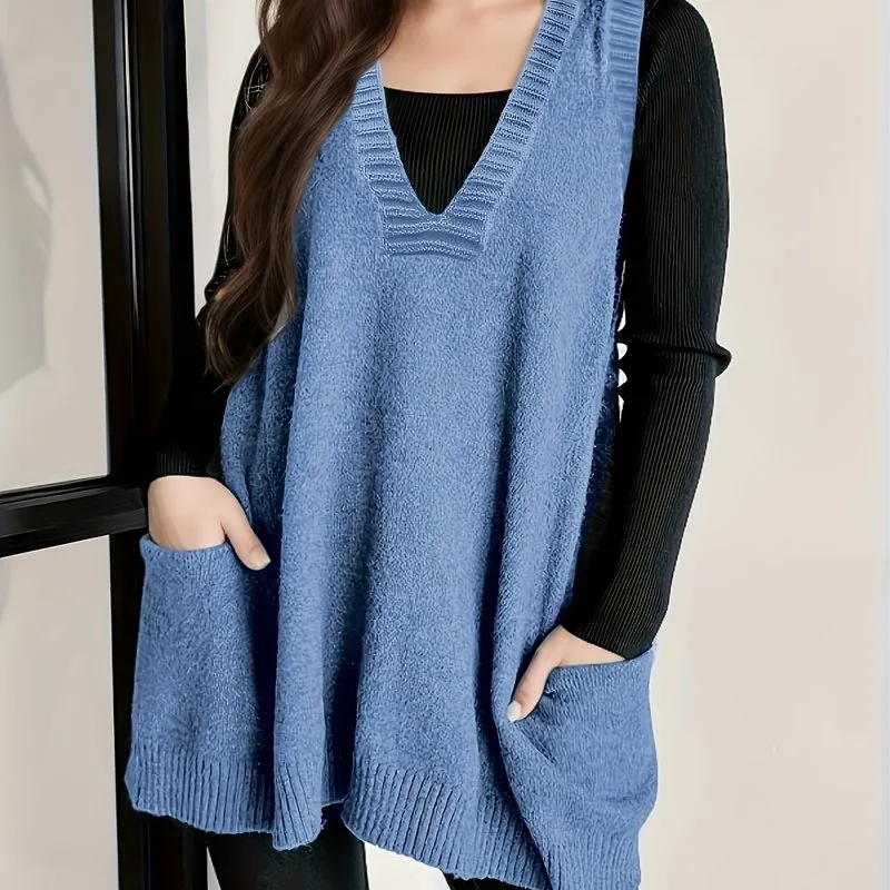 Women's Plus Size Solid Knit V-Neck Sleeveless Sweater Vest - Perfect for Fall & Winter Layering