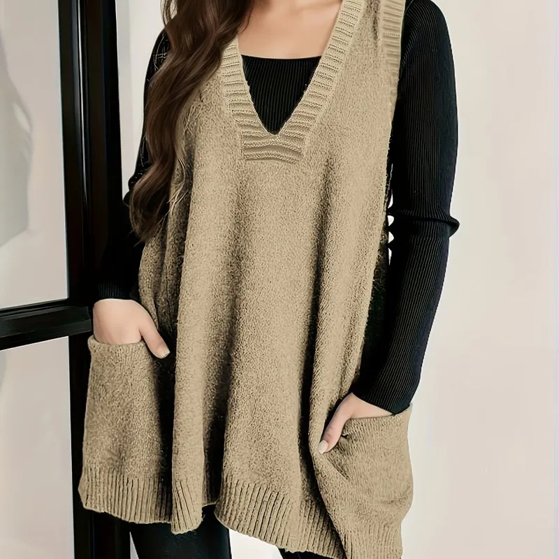 Women's Plus Size Solid Knit V-Neck Sleeveless Sweater Vest - Perfect for Fall & Winter Layering